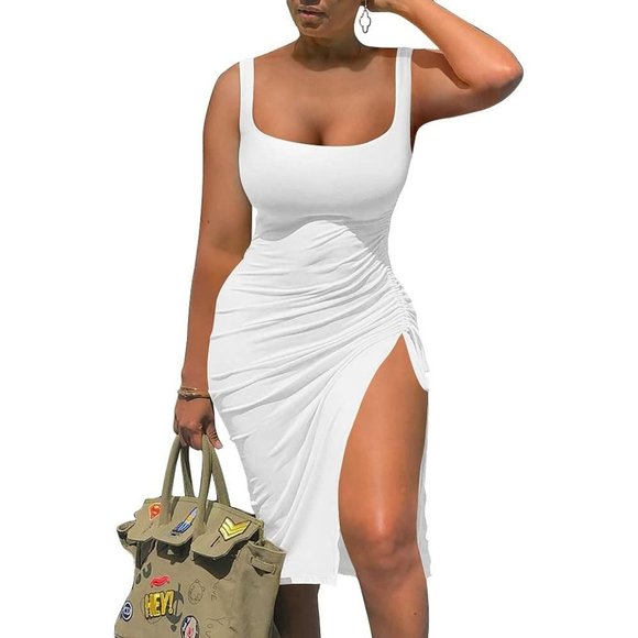 Women's White Summer Sexy Sleeveless Side Split Bodycon Ruched Midi Tank Dress - Picture 1 of 10